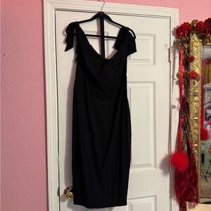 Unique Vintage Black Tie-Shoulder Midi Dress with V-Neck